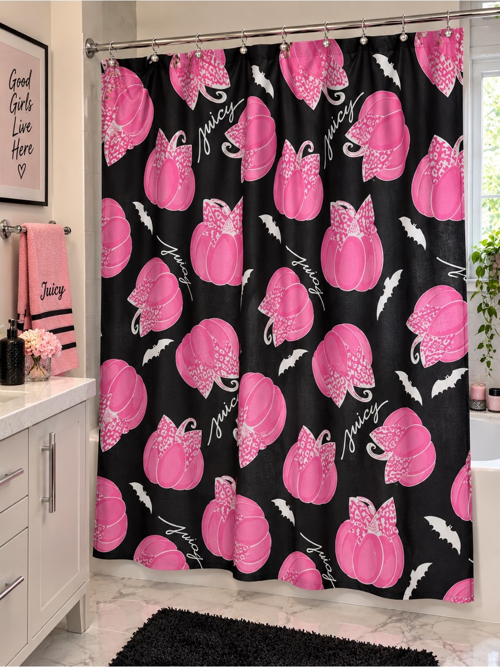 Juicy Couture Halloween Pink Pumpkin Bow Shower Curtain Y2K Coquette Goth 13pc
